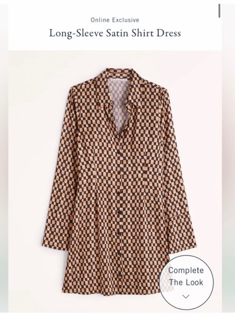 NWT Abercrombie & Fitch Long-Sleeve Satin Shirt Dress in Checker Taupe & Black